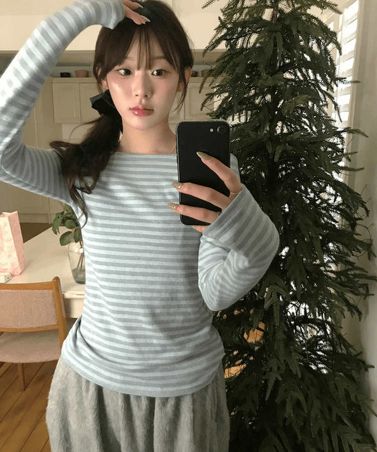 있음 선적 소녀 바람 신선함 블루 스트라이프 패치워크 색상 긴팔 티셔츠 상세 이미지 1