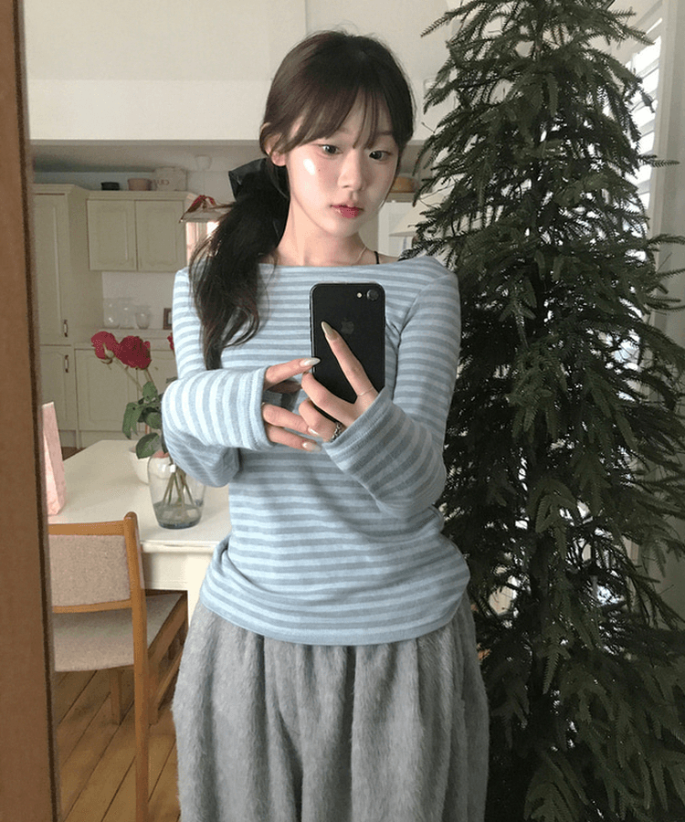 있음 선적 소녀 바람 신선함 블루 스트라이프 패치워크 색상 긴팔 티셔츠 상세 이미지 2