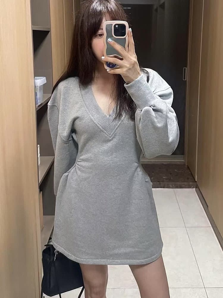 레트로 아메리칸 긴팔 V넥 몸매 가꾸기 슬림해 보이는 드레스 느긋한 바람 편안함 중간 길이 스커트 이미지 2