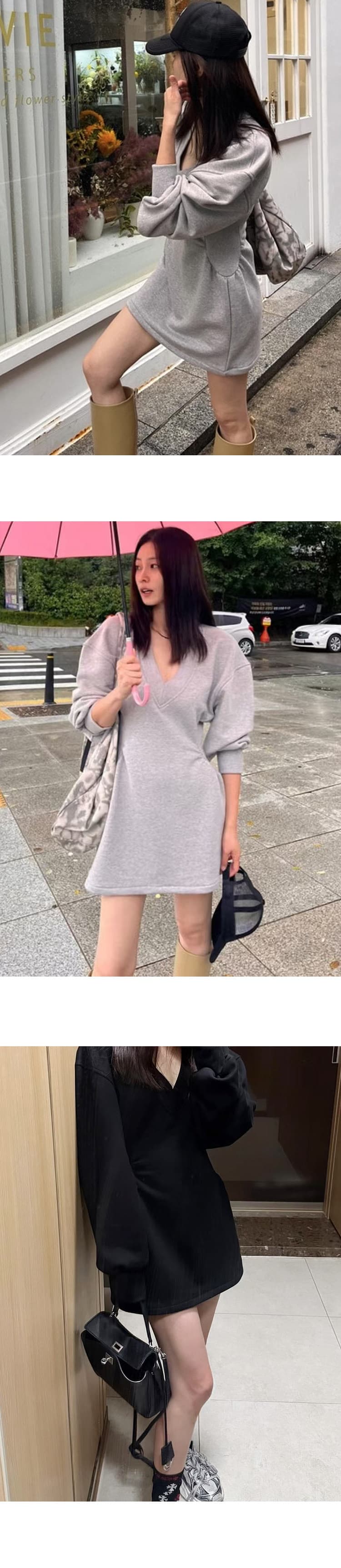 레트로 아메리칸 긴팔 V넥 몸매 가꾸기 슬림해 보이는 드레스 느긋한 바람 편안함 중간 길이 스커트 상세 이미지 2