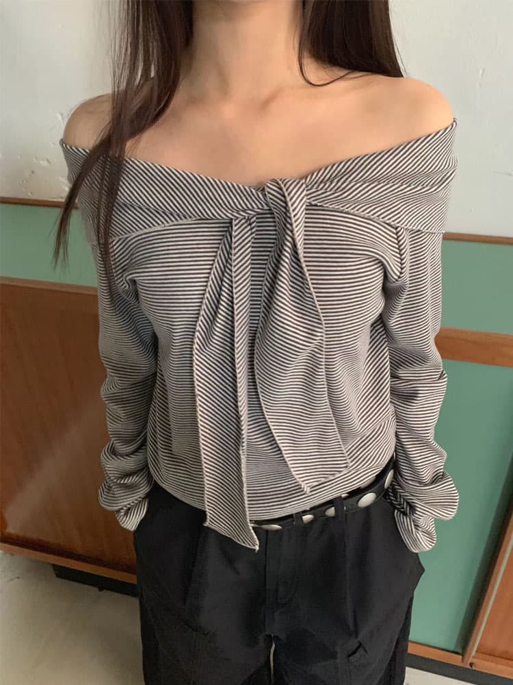 있음 선적 스트라이프 보트넥 오프숄더 긴팔 티셔츠 순수한 욕망 바람 핫걸 달콤한 차가운 캐주얼 다용도 맨위 이미지 4