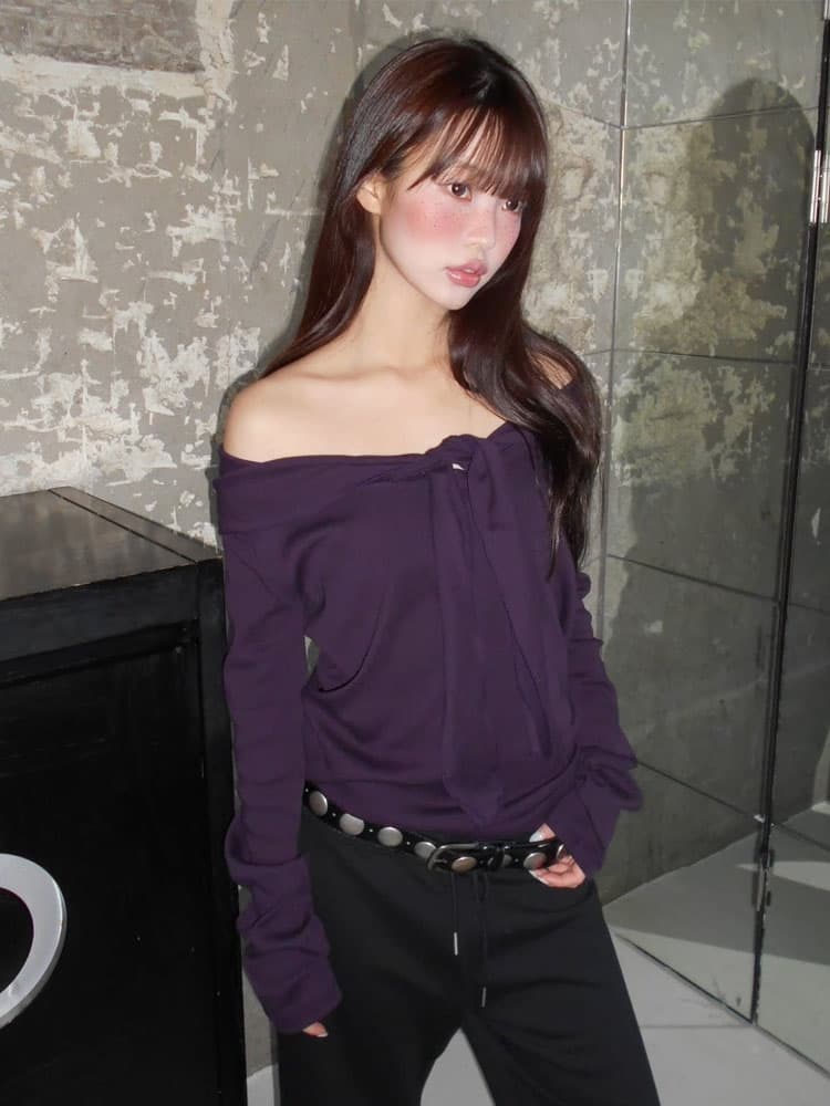 있음 선적 스트라이프 보트넥 오프숄더 긴팔 티셔츠 순수한 욕망 바람 핫걸 달콤한 차가운 캐주얼 다용도 맨위 이미지 3