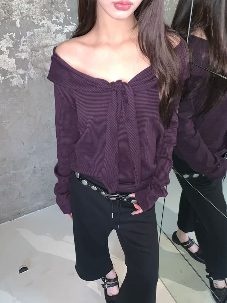 있음 선적 스트라이프 보트넥 오프숄더 긴팔 티셔츠 순수한 욕망 바람 핫걸 달콤한 차가운 캐주얼 다용도 맨위 이미지 2