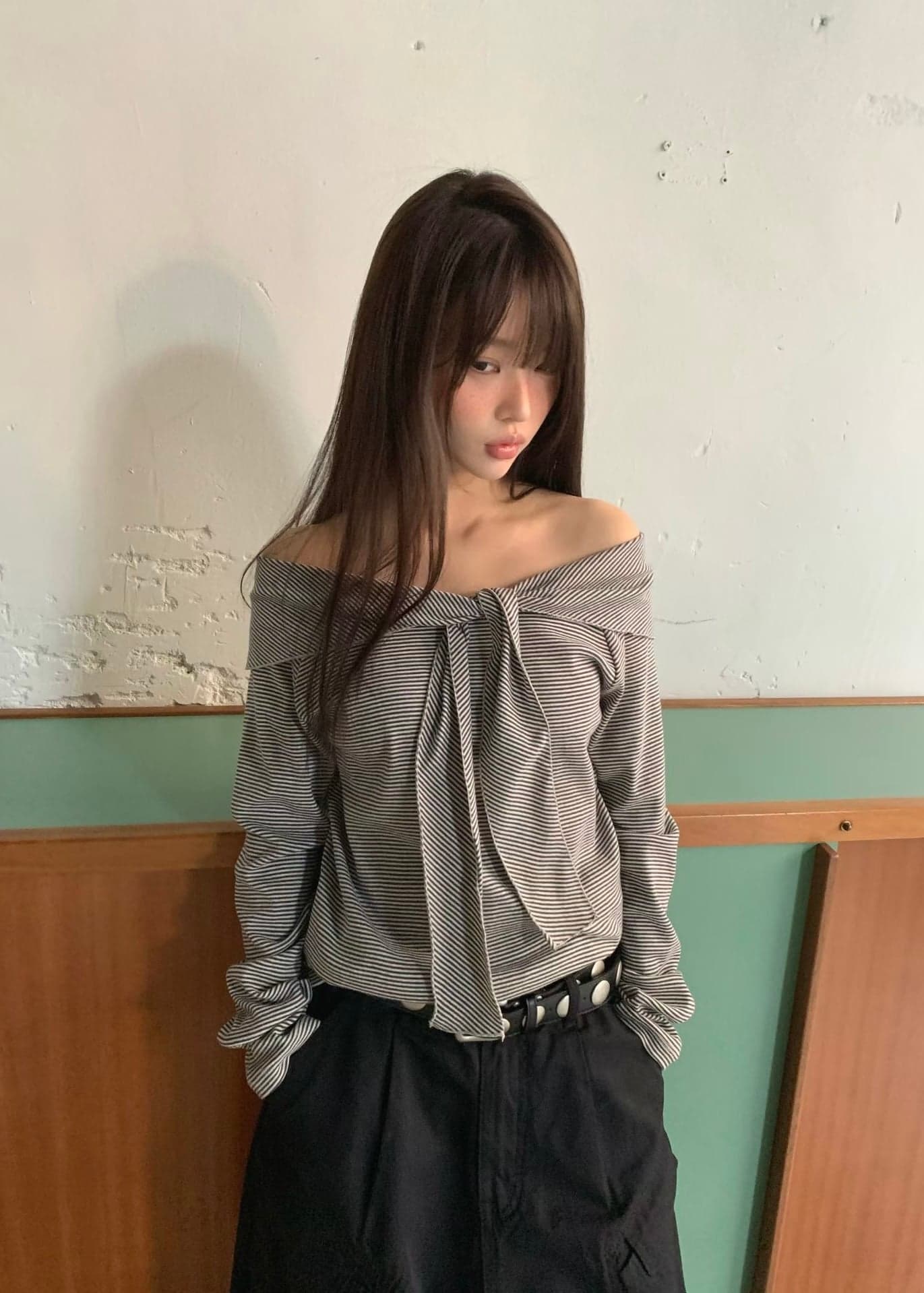 있음 선적 스트라이프 보트넥 오프숄더 긴팔 티셔츠 순수한 욕망 바람 핫걸 달콤한 차가운 캐주얼 다용도 맨위 상세 이미지 1