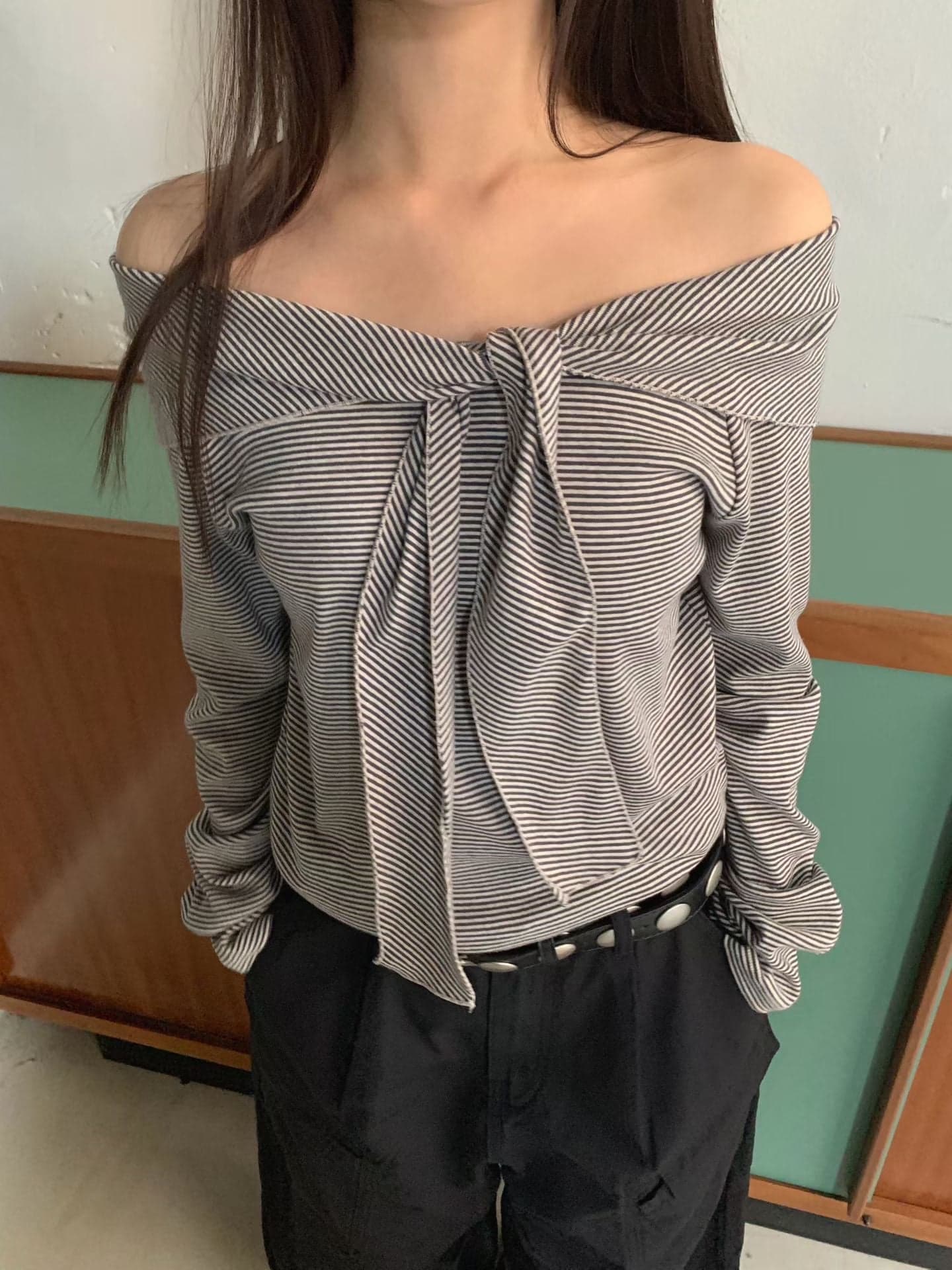 있음 선적 스트라이프 보트넥 오프숄더 긴팔 티셔츠 순수한 욕망 바람 핫걸 달콤한 차가운 캐주얼 다용도 맨위 상세 이미지 4