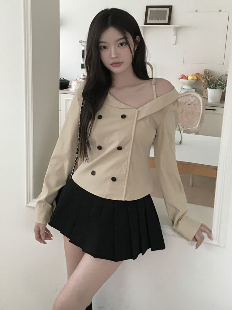 있음 선적 디자인 센스 빛 요리 한 바람 이중 버튼 불규칙 슬림해 보이는 맨위