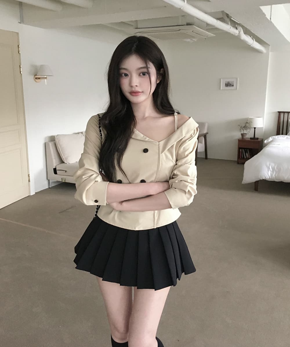 있음 선적 디자인 센스 빛 요리 한 바람 이중 버튼 불규칙 슬림해 보이는 맨위 상세 이미지 3