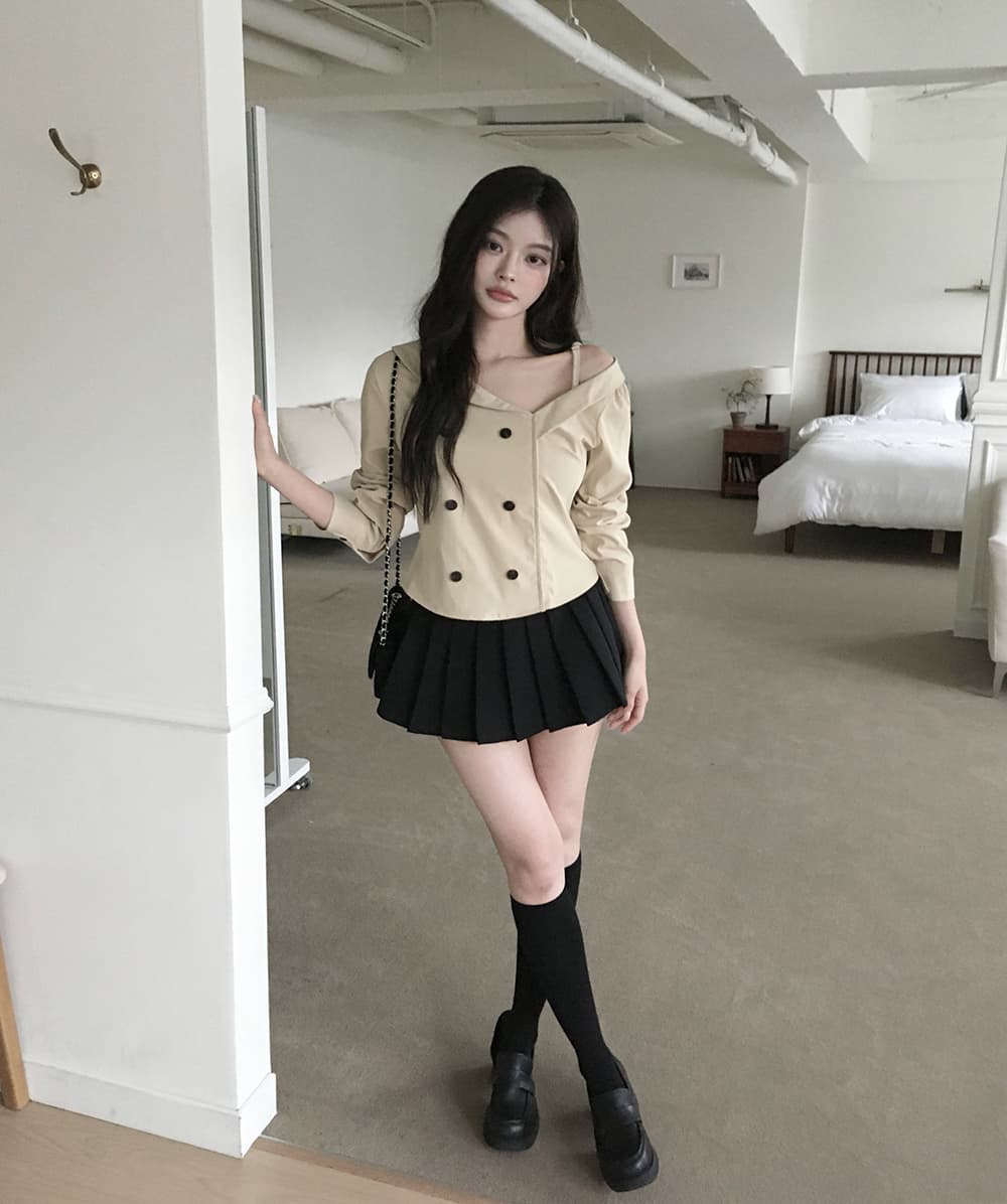 있음 선적 디자인 센스 빛 요리 한 바람 이중 버튼 불규칙 슬림해 보이는 맨위 상세 이미지 4