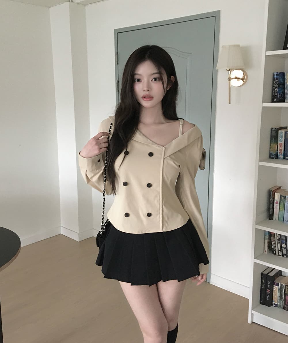 있음 선적 디자인 센스 빛 요리 한 바람 이중 버튼 불규칙 슬림해 보이는 맨위 상세 이미지 10