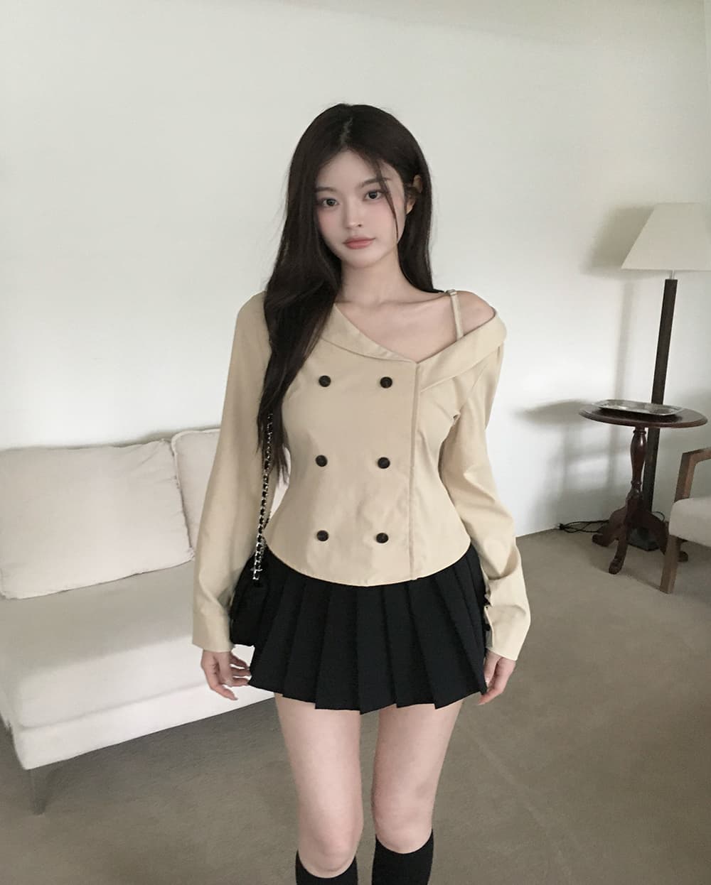 있음 선적 디자인 센스 빛 요리 한 바람 이중 버튼 불규칙 슬림해 보이는 맨위 상세 이미지 11