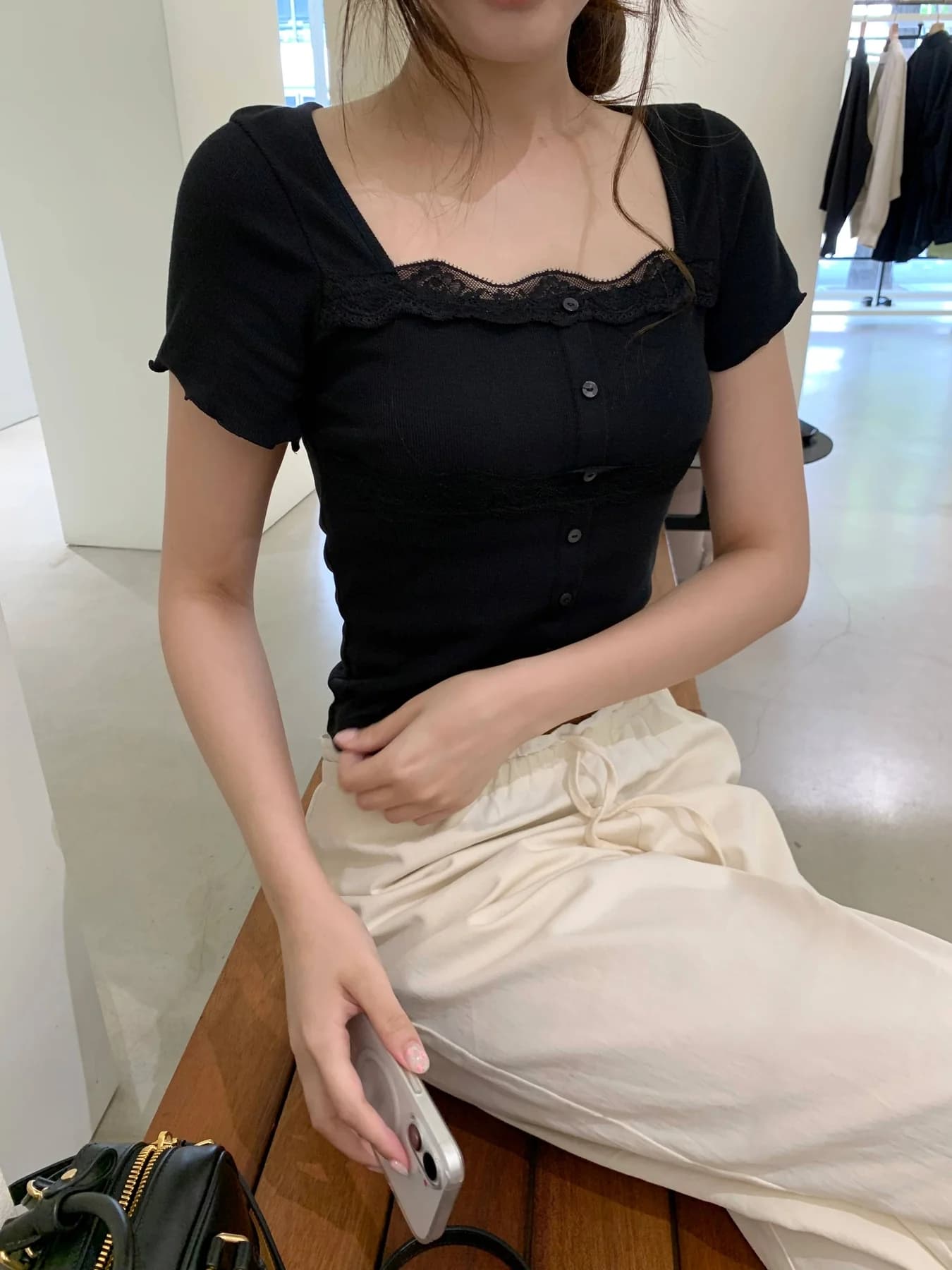 레이스 레이스 몸매 가꾸기 단추 반팔 티셔츠 상세 이미지 90
