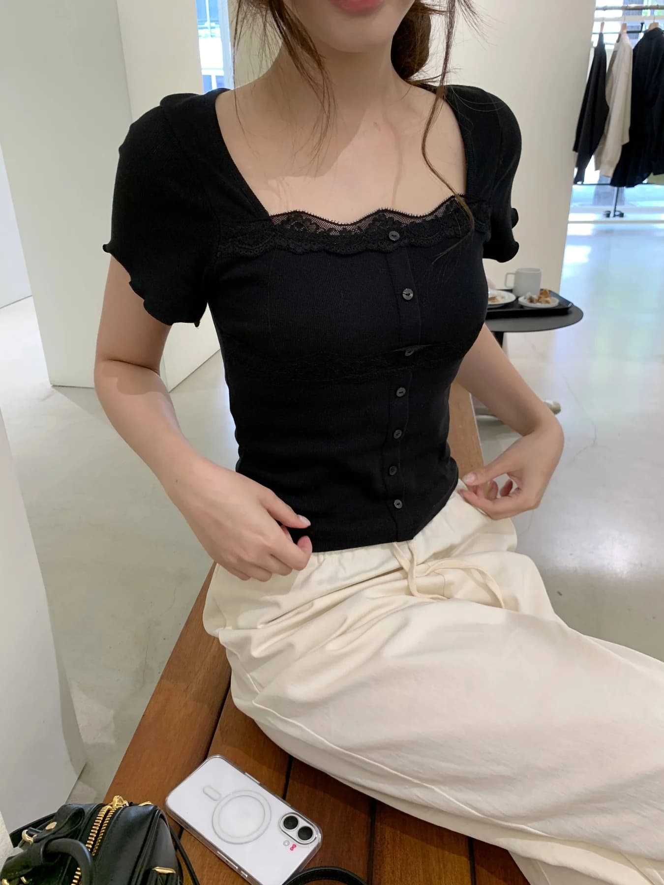 레이스 레이스 몸매 가꾸기 단추 반팔 티셔츠 상세 이미지 91