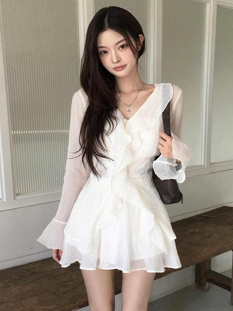 있음 선적 슈퍼 요정 프릴 작은 키 나팔 긴팔 드레스 투피스 세트