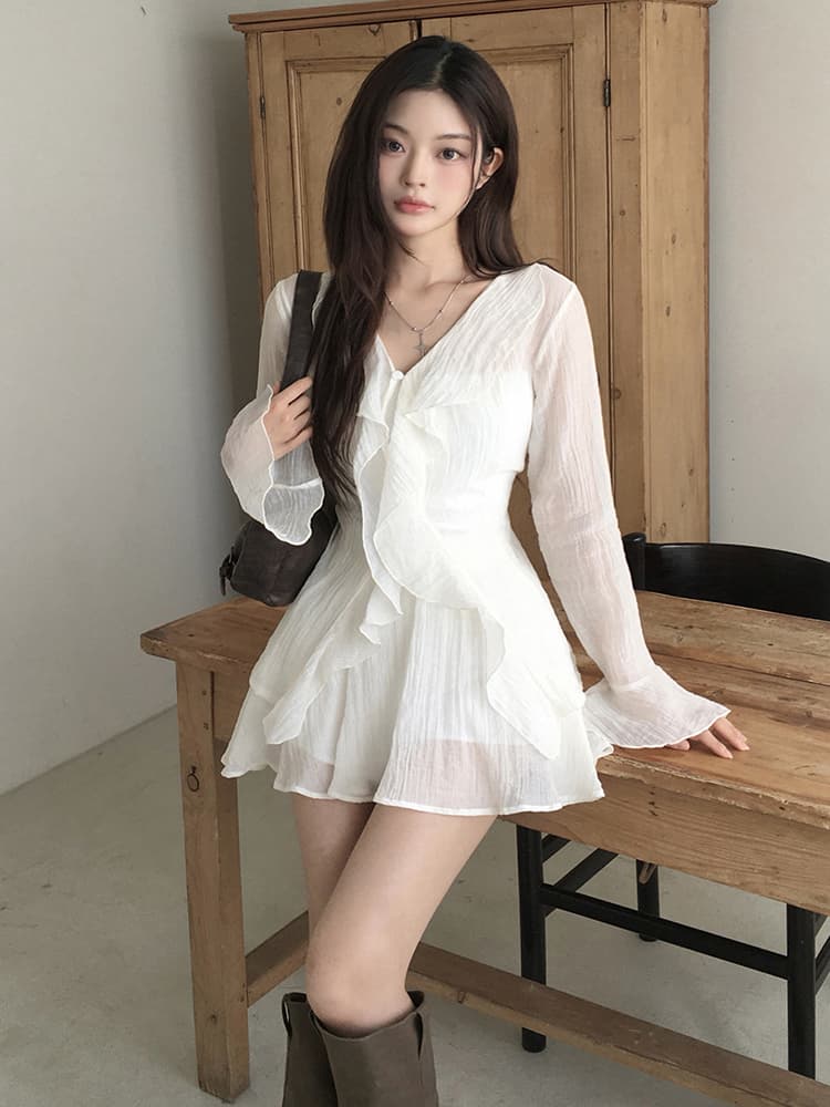 있음 선적 슈퍼 요정 프릴 작은 키 나팔 긴팔 드레스 투피스 세트 이미지 2