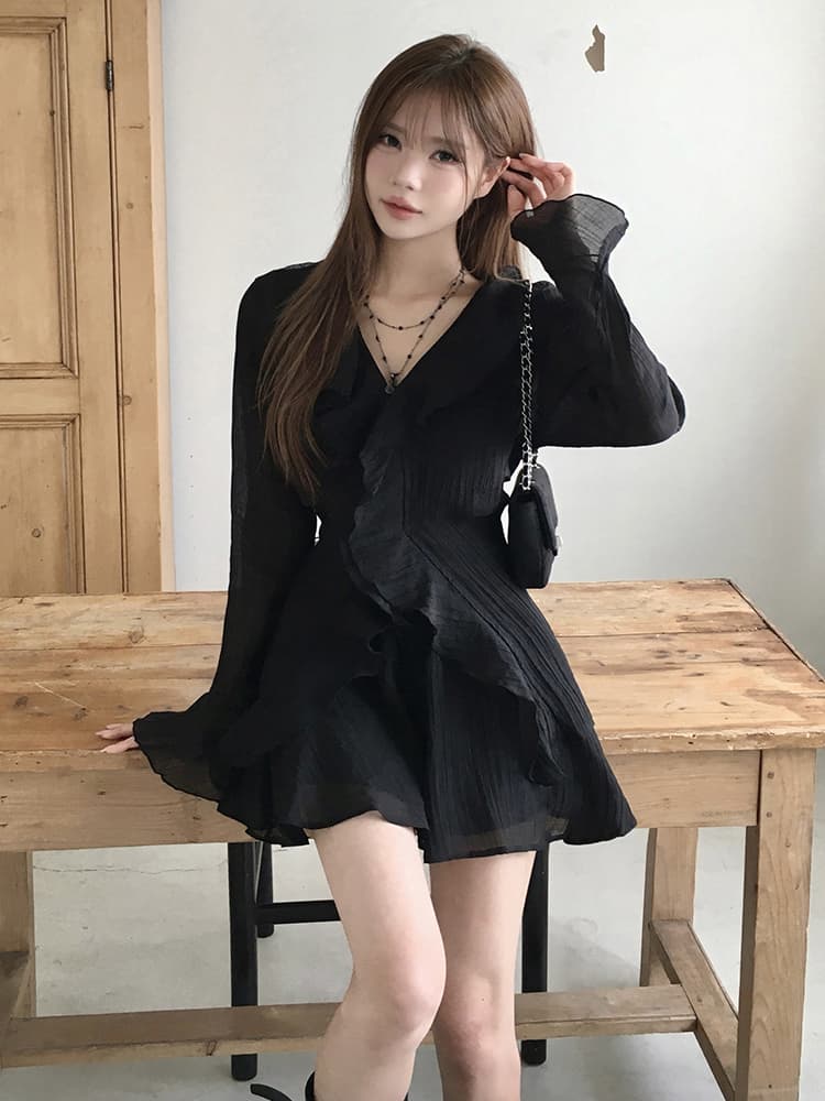 있음 선적 슈퍼 요정 프릴 작은 키 나팔 긴팔 드레스 투피스 세트 이미지 3