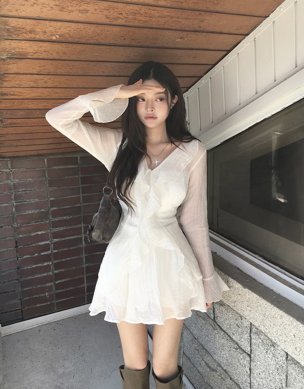 있음 선적 슈퍼 요정 프릴 작은 키 나팔 긴팔 드레스 투피스 세트 상세 이미지 1