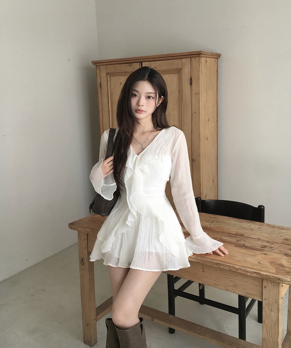 있음 선적 슈퍼 요정 프릴 작은 키 나팔 긴팔 드레스 투피스 세트 상세 이미지 2