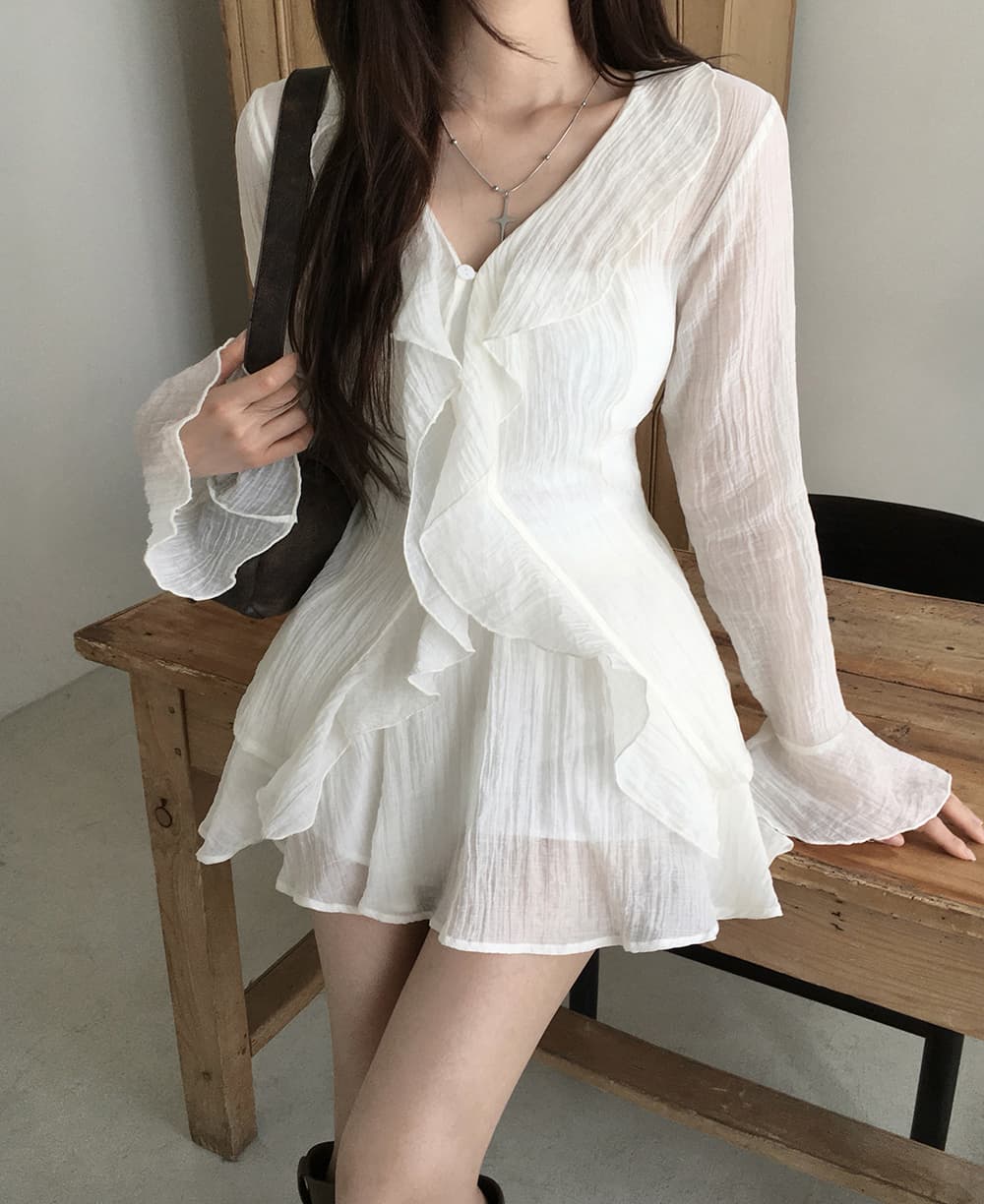 있음 선적 슈퍼 요정 프릴 작은 키 나팔 긴팔 드레스 투피스 세트 상세 이미지 3