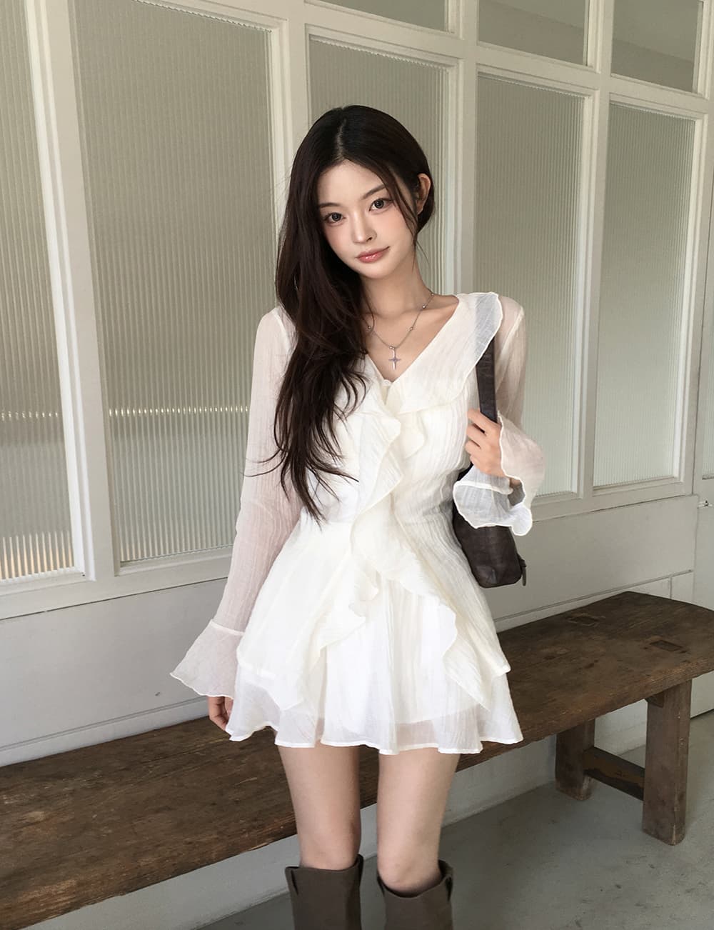 있음 선적 슈퍼 요정 프릴 작은 키 나팔 긴팔 드레스 투피스 세트 상세 이미지 6