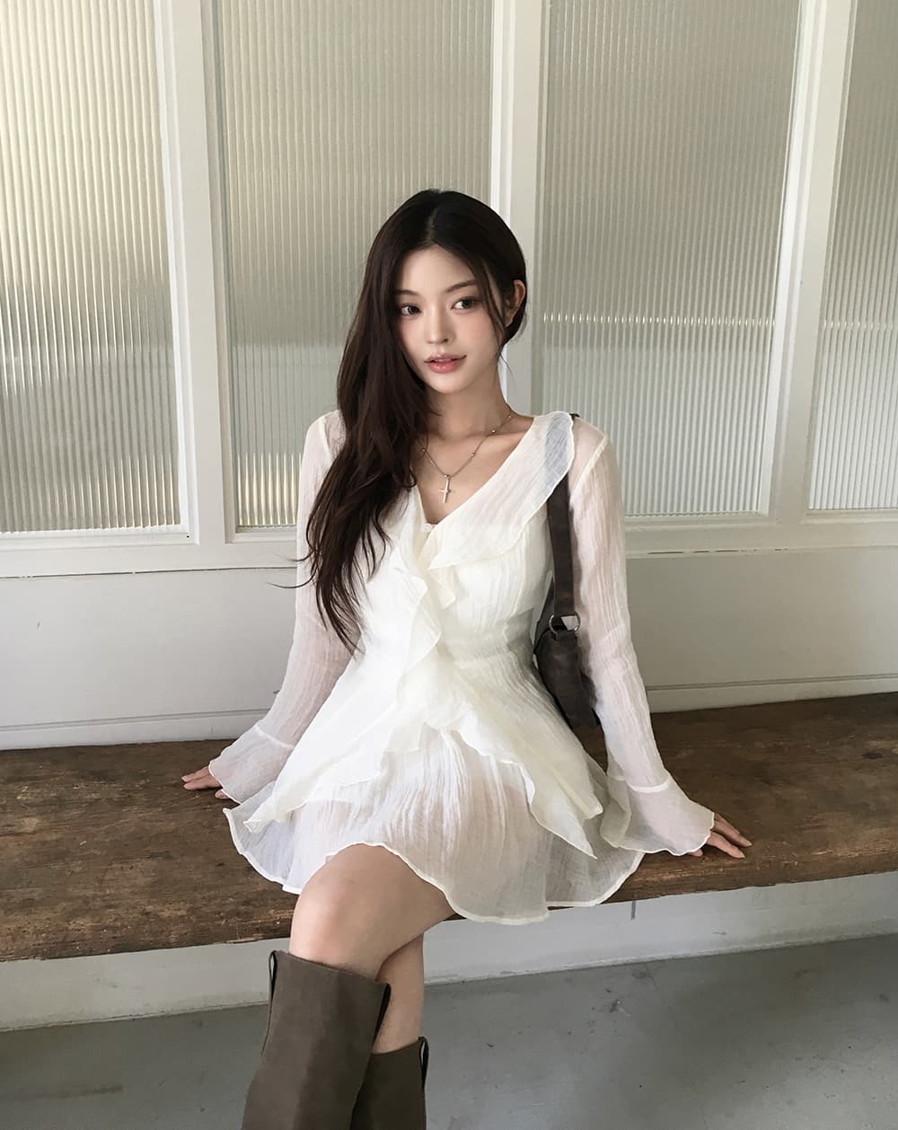 있음 선적 슈퍼 요정 프릴 작은 키 나팔 긴팔 드레스 투피스 세트 상세 이미지 8