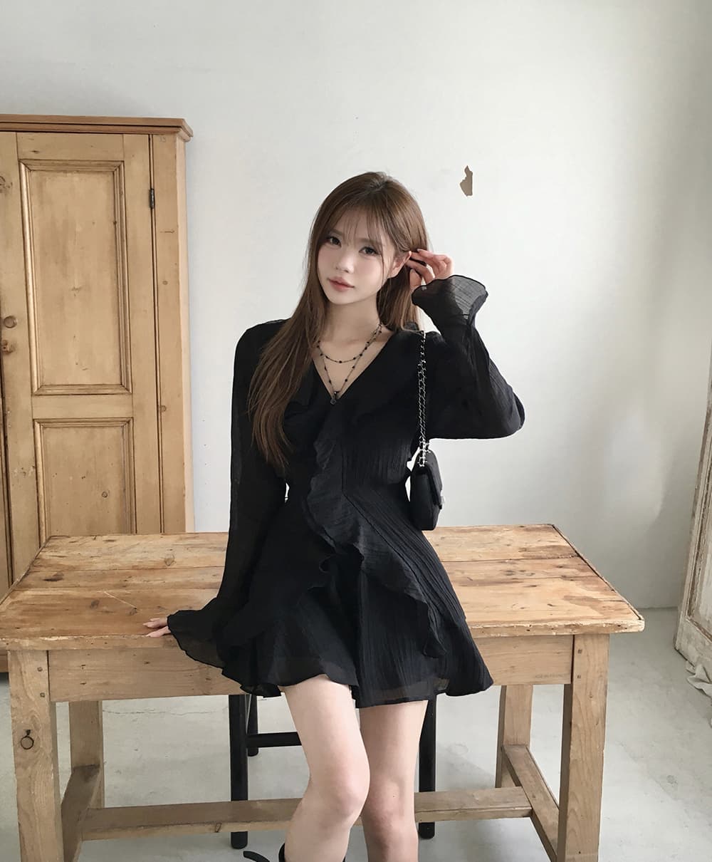 있음 선적 슈퍼 요정 프릴 작은 키 나팔 긴팔 드레스 투피스 세트 상세 이미지 15