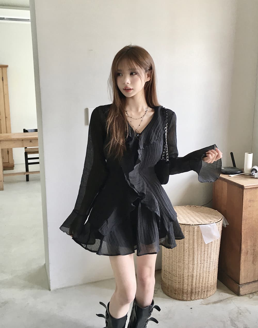 있음 선적 슈퍼 요정 프릴 작은 키 나팔 긴팔 드레스 투피스 세트 상세 이미지 16