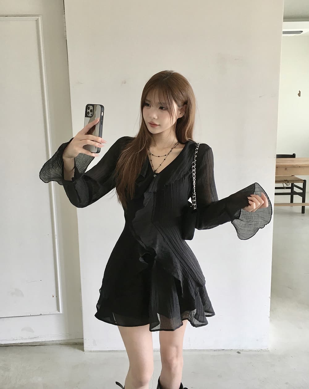 있음 선적 슈퍼 요정 프릴 작은 키 나팔 긴팔 드레스 투피스 세트 상세 이미지 17