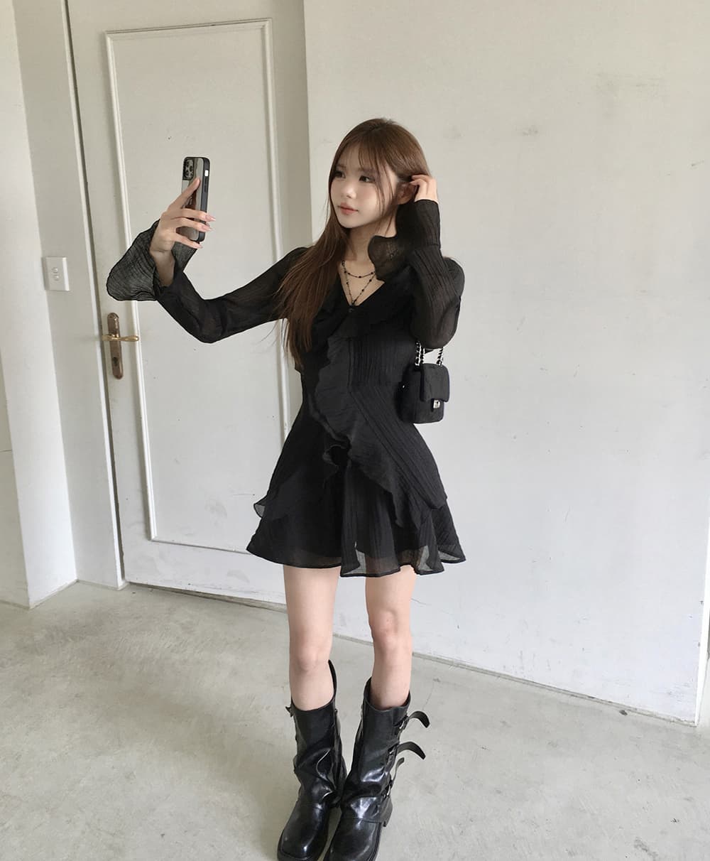 있음 선적 슈퍼 요정 프릴 작은 키 나팔 긴팔 드레스 투피스 세트 상세 이미지 18