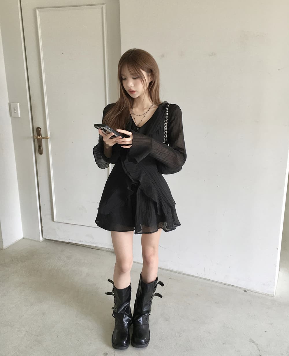 있음 선적 슈퍼 요정 프릴 작은 키 나팔 긴팔 드레스 투피스 세트 상세 이미지 19