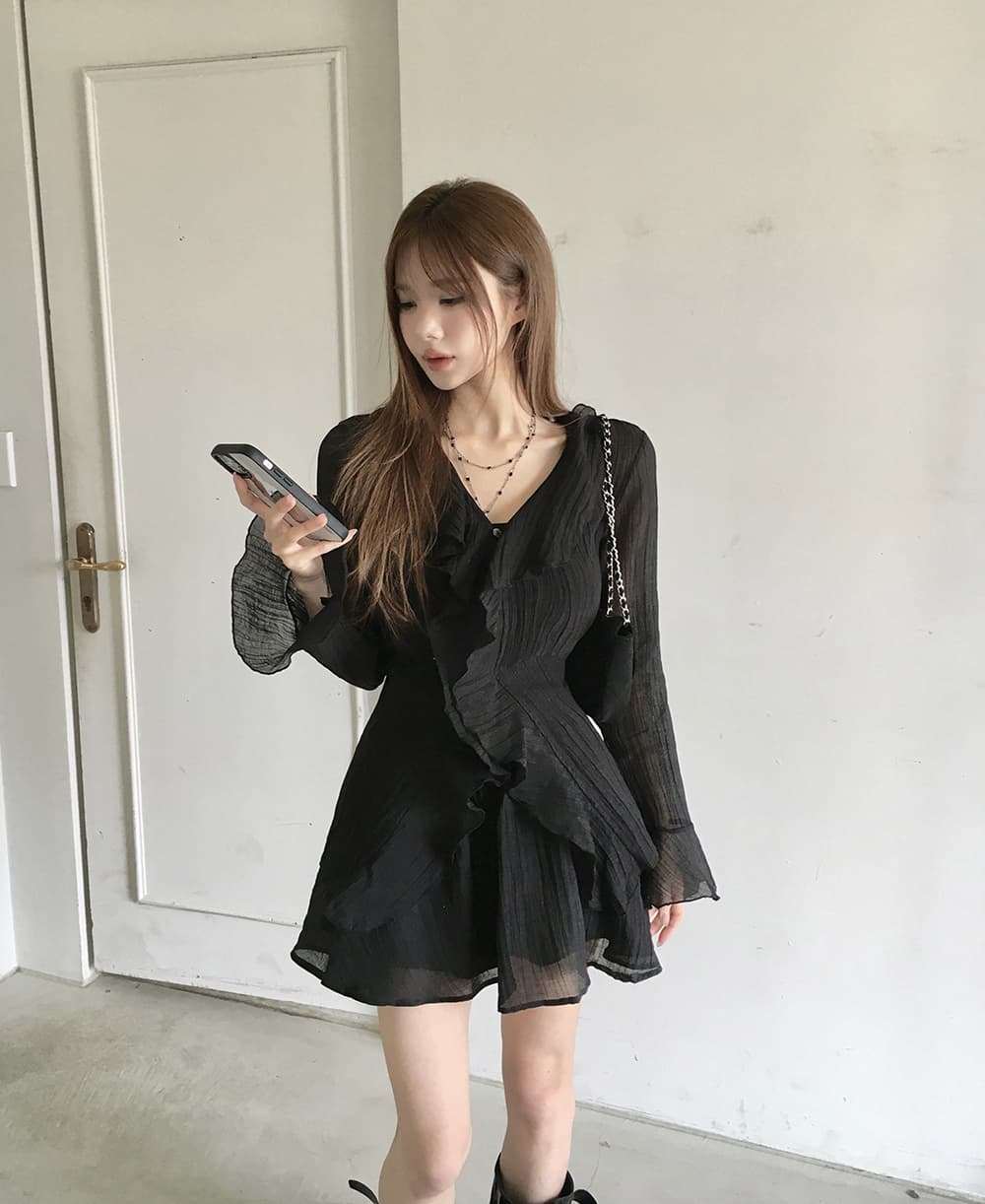 있음 선적 슈퍼 요정 프릴 작은 키 나팔 긴팔 드레스 투피스 세트 상세 이미지 20