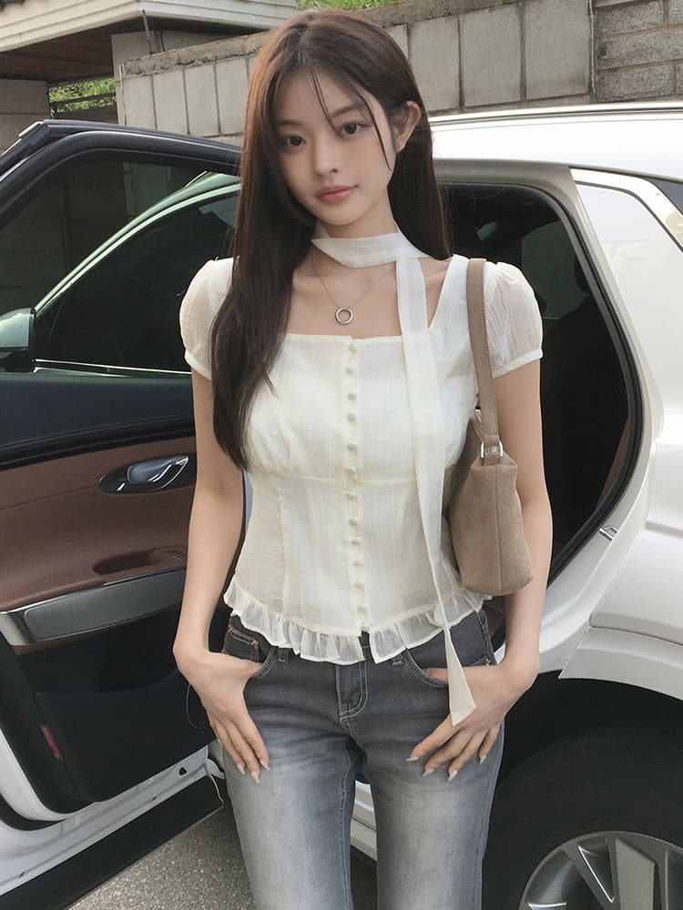 있음 선적 쿠이 지혜 보여주기 같은 단락 눈 허용하다 같은 단락 광장 칼라 스트랩 싱글 줄 버튼 반팔 셔츠 이미지 2