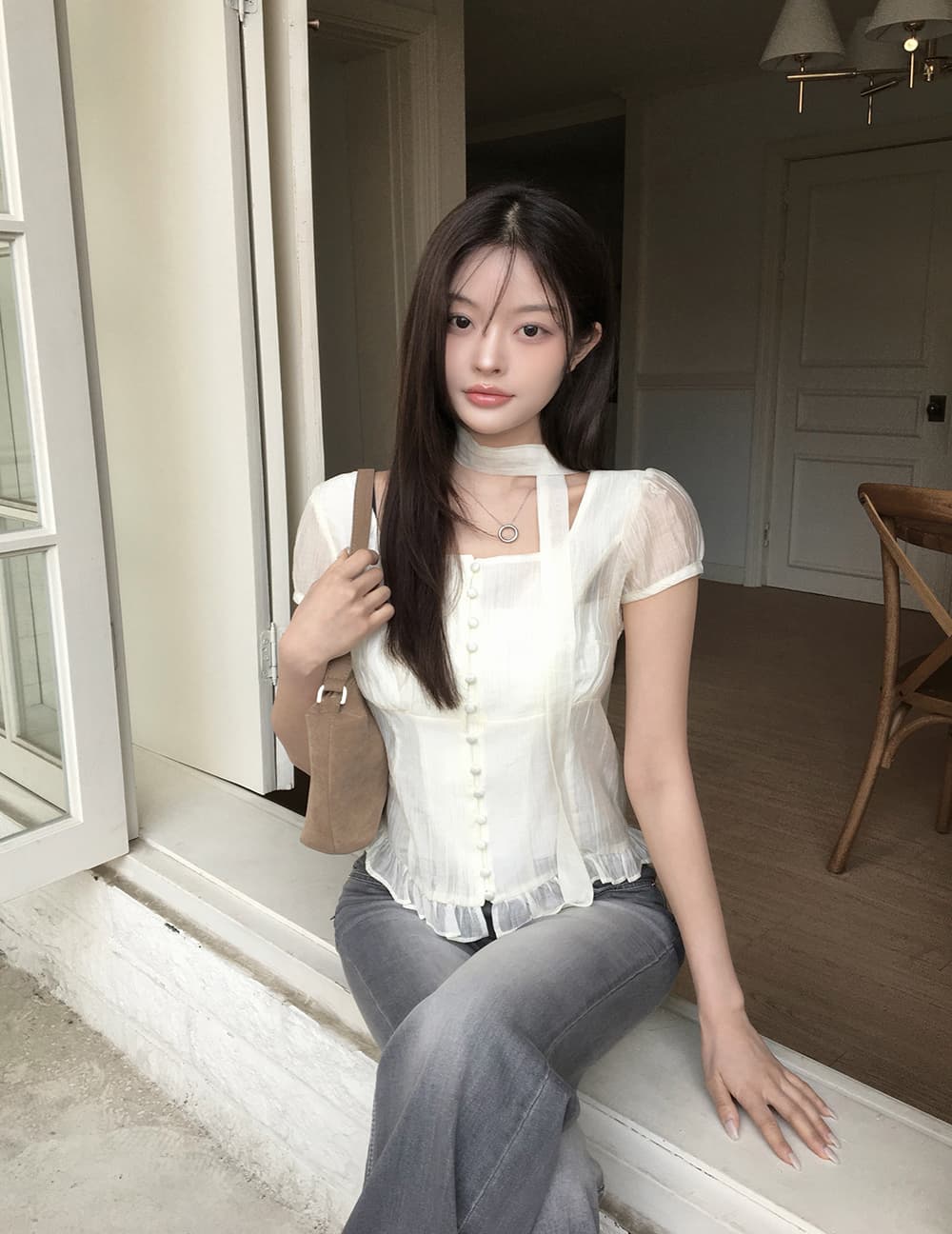 있음 선적 쿠이 지혜 보여주기 같은 단락 눈 허용하다 같은 단락 광장 칼라 스트랩 싱글 줄 버튼 반팔 셔츠 상세 이미지 11