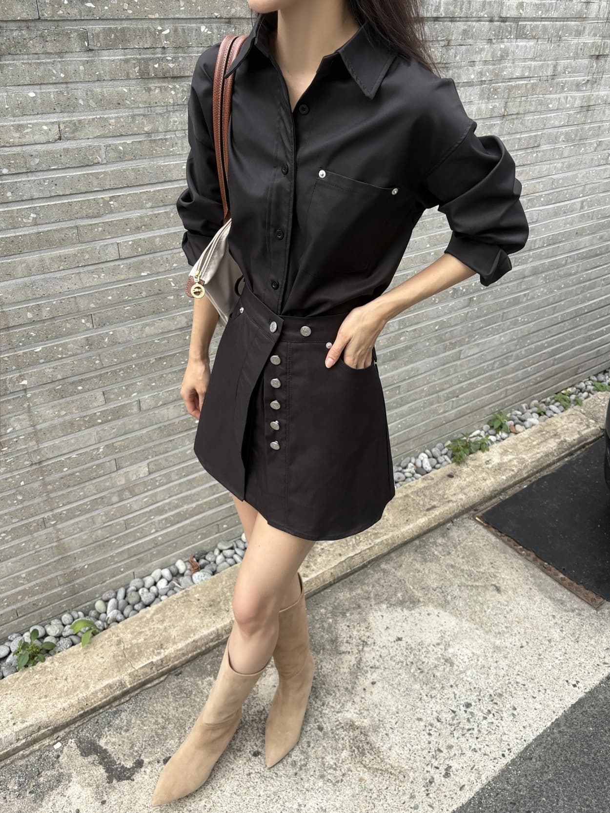 있음 선적 페이크 레이어드 패치워크 폴로 칼라 긴팔 셔츠 스타일 드레스 상세 이미지 19