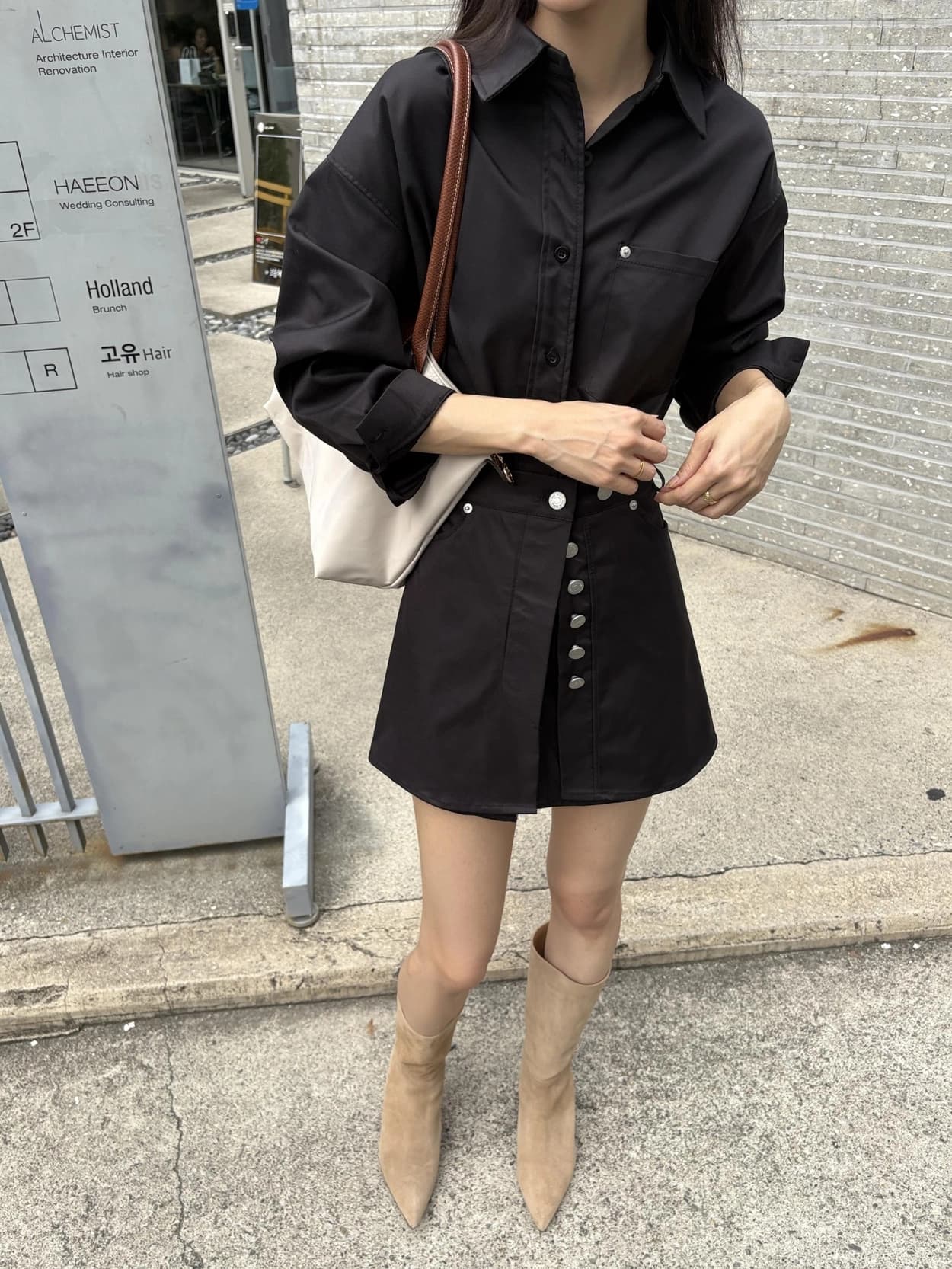 있음 선적 페이크 레이어드 패치워크 폴로 칼라 긴팔 셔츠 스타일 드레스 상세 이미지 35