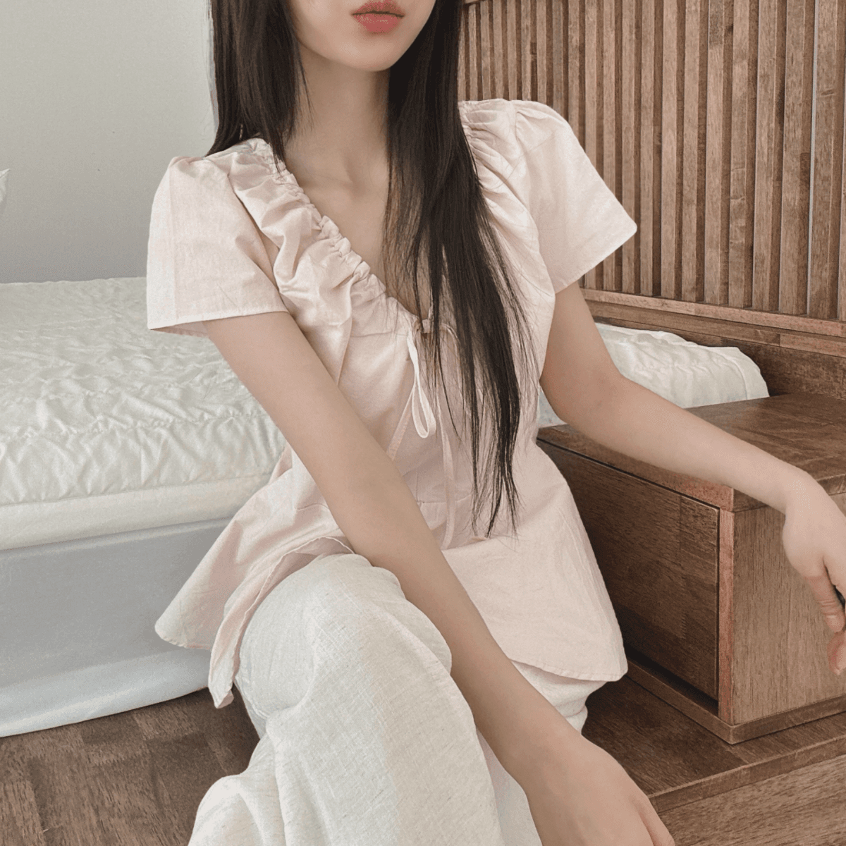 프랑스식 레트로 주름 레이스 업 셔츠 여성 의류 여름 허리 수축 맨위 디자인 센스 작은 대중 트렌디 상세 이미지 3