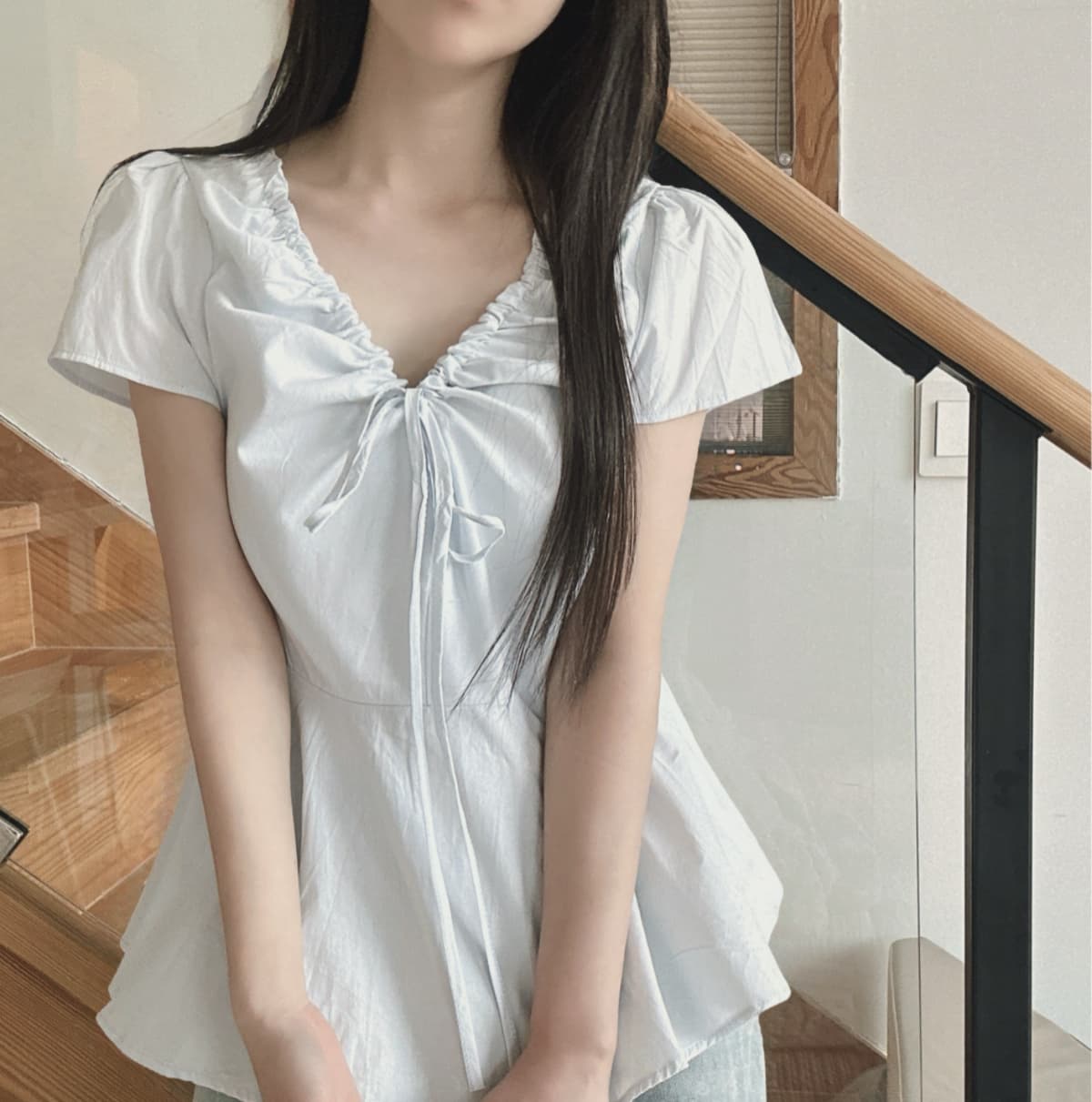 프랑스식 레트로 주름 레이스 업 셔츠 여성 의류 여름 허리 수축 맨위 디자인 센스 작은 대중 트렌디 상세 이미지 20