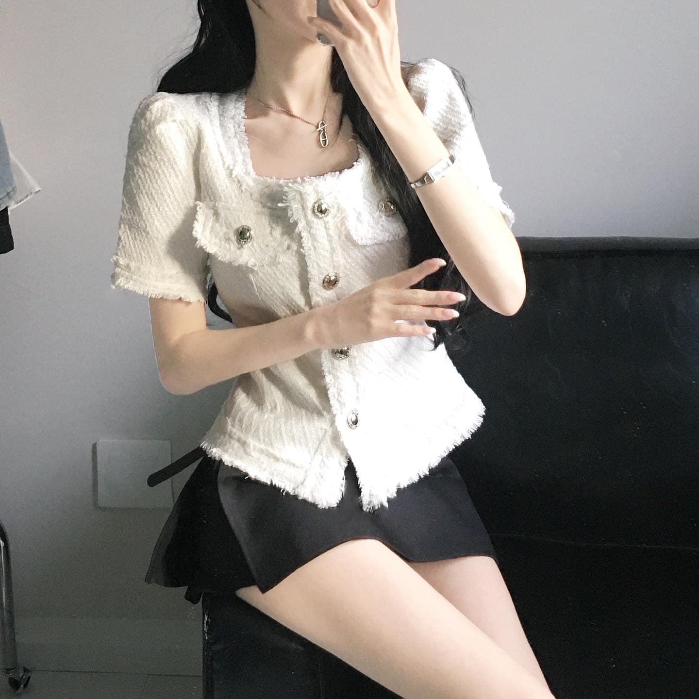 품격 작은 샤넬 스타일 광장 칼라 몸매 가꾸기 슬림해 보이는 줄무늬 레이스 반팔 트위드 짧은 여성 코트 상세 이미지 2