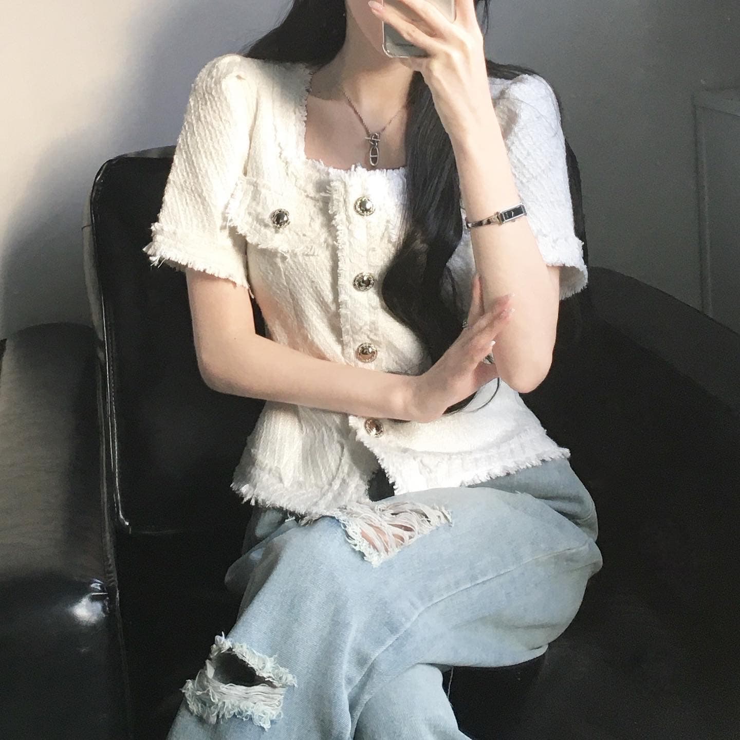 품격 작은 샤넬 스타일 광장 칼라 몸매 가꾸기 슬림해 보이는 줄무늬 레이스 반팔 트위드 짧은 여성 코트 상세 이미지 5