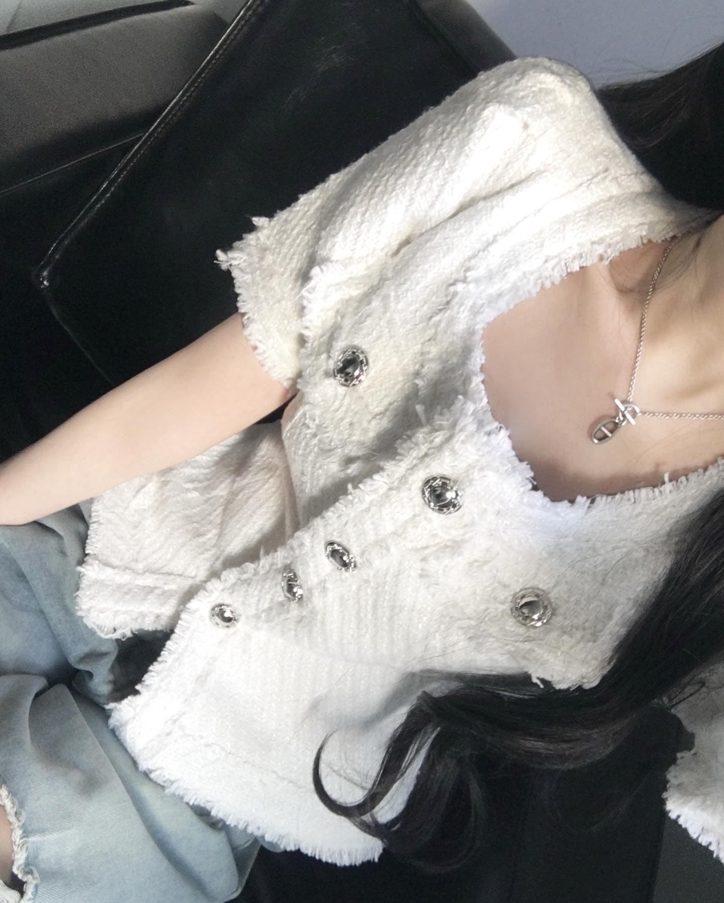 품격 작은 샤넬 스타일 광장 칼라 몸매 가꾸기 슬림해 보이는 줄무늬 레이스 반팔 트위드 짧은 여성 코트 상세 이미지 6