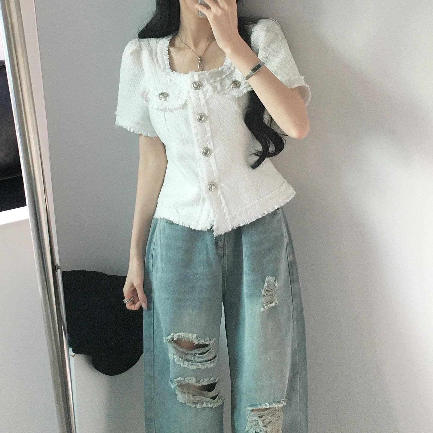 품격 작은 샤넬 스타일 광장 칼라 몸매 가꾸기 슬림해 보이는 줄무늬 레이스 반팔 트위드 짧은 여성 코트 상세 이미지 7