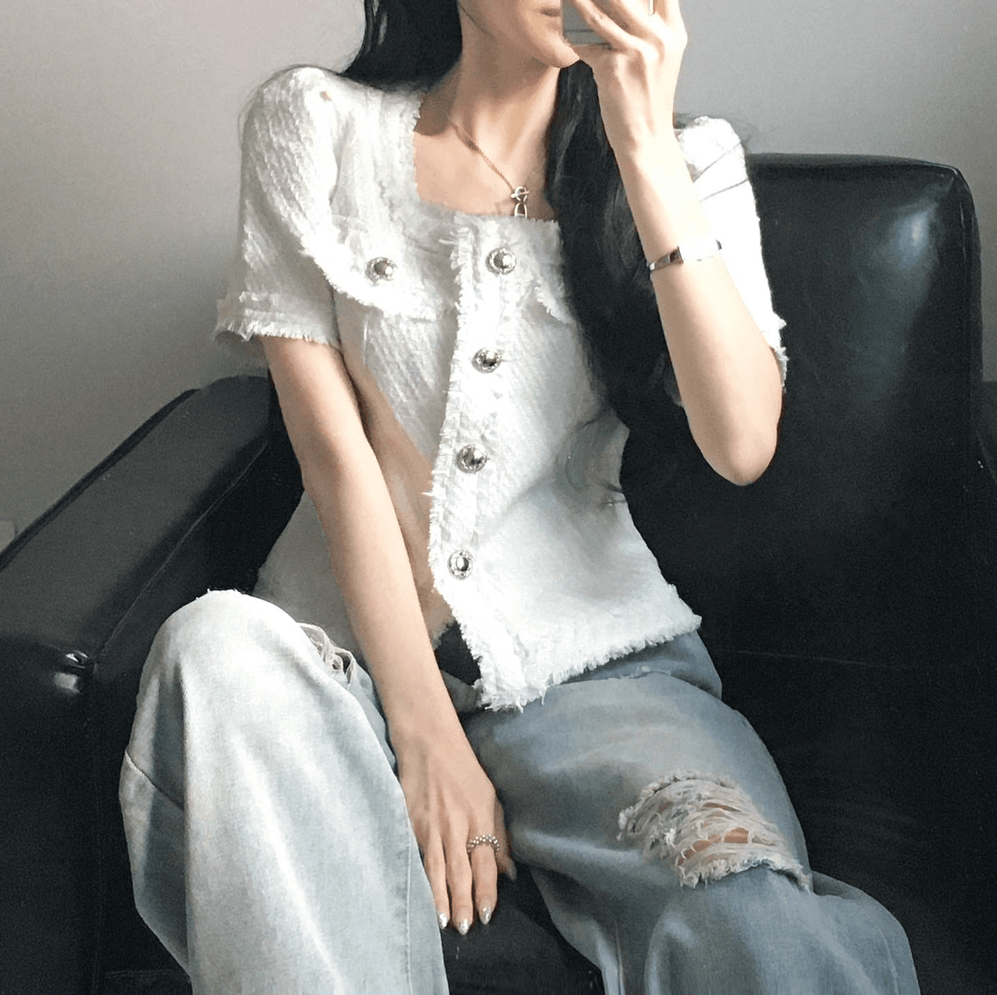 품격 작은 샤넬 스타일 광장 칼라 몸매 가꾸기 슬림해 보이는 줄무늬 레이스 반팔 트위드 짧은 여성 코트 상세 이미지 9