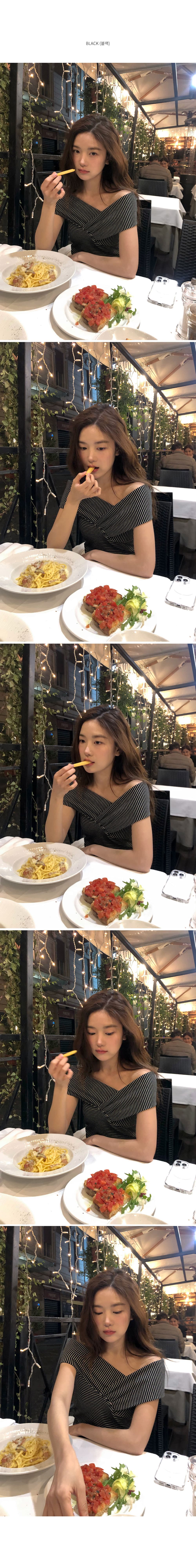부드러운 자매 바람 흑백 줄무늬 반팔 티셔츠 몸매 가꾸기 십자가 오프숄더 맨위 상세 이미지 1