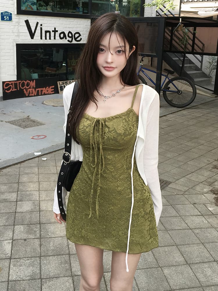 레트로 휴가 질감 슬립 여성 드레스 허리 수축 슬림해 보이는 한 마디 미니 스커트