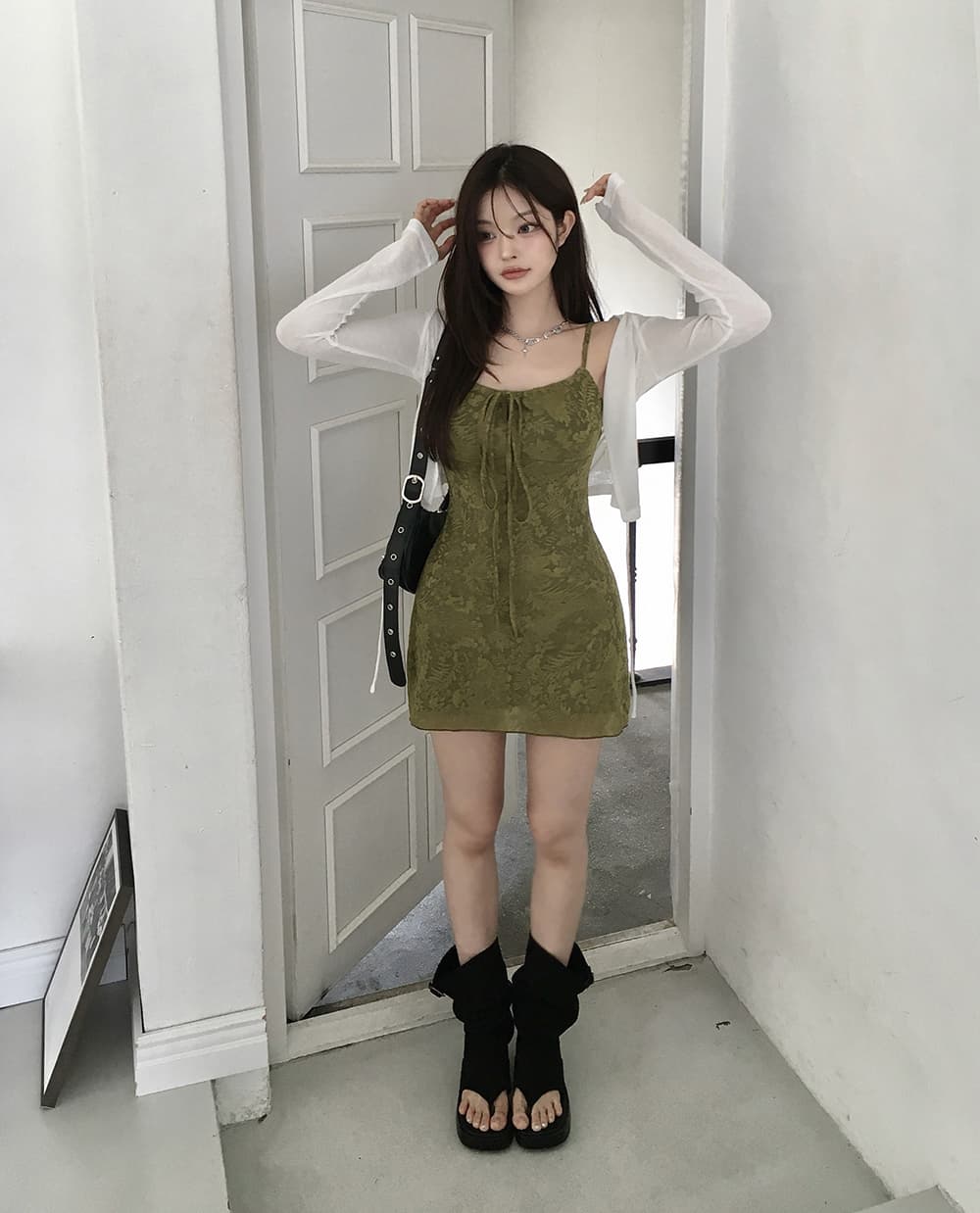 레트로 휴가 질감 슬립 여성 드레스 허리 수축 슬림해 보이는 한 마디 미니 스커트 상세 이미지 12