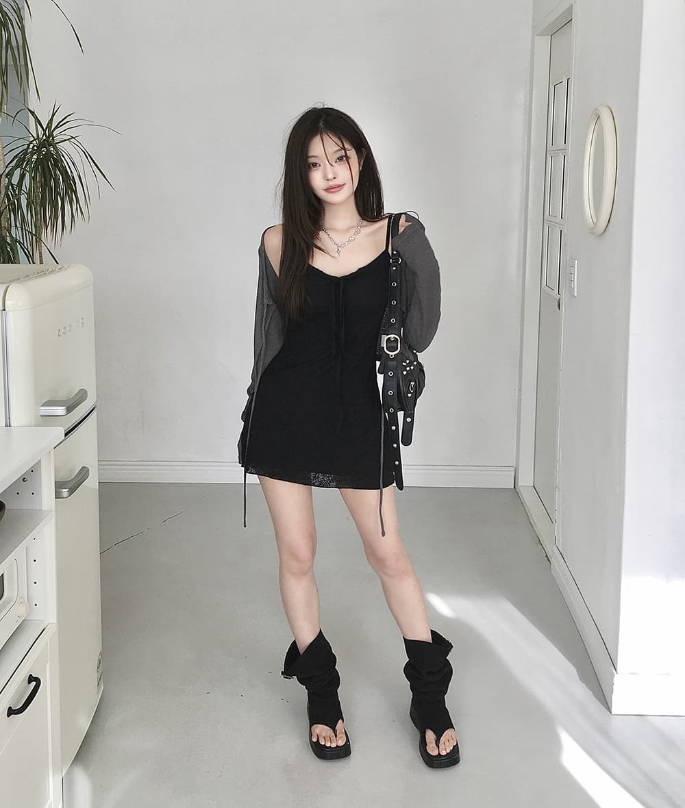 레트로 휴가 질감 슬립 여성 드레스 허리 수축 슬림해 보이는 한 마디 미니 스커트 상세 이미지 20