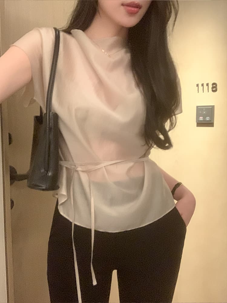 한 부서 품격 마이크로 ~을 통해 허리 레이스업 반팔 셔츠 이미지 2