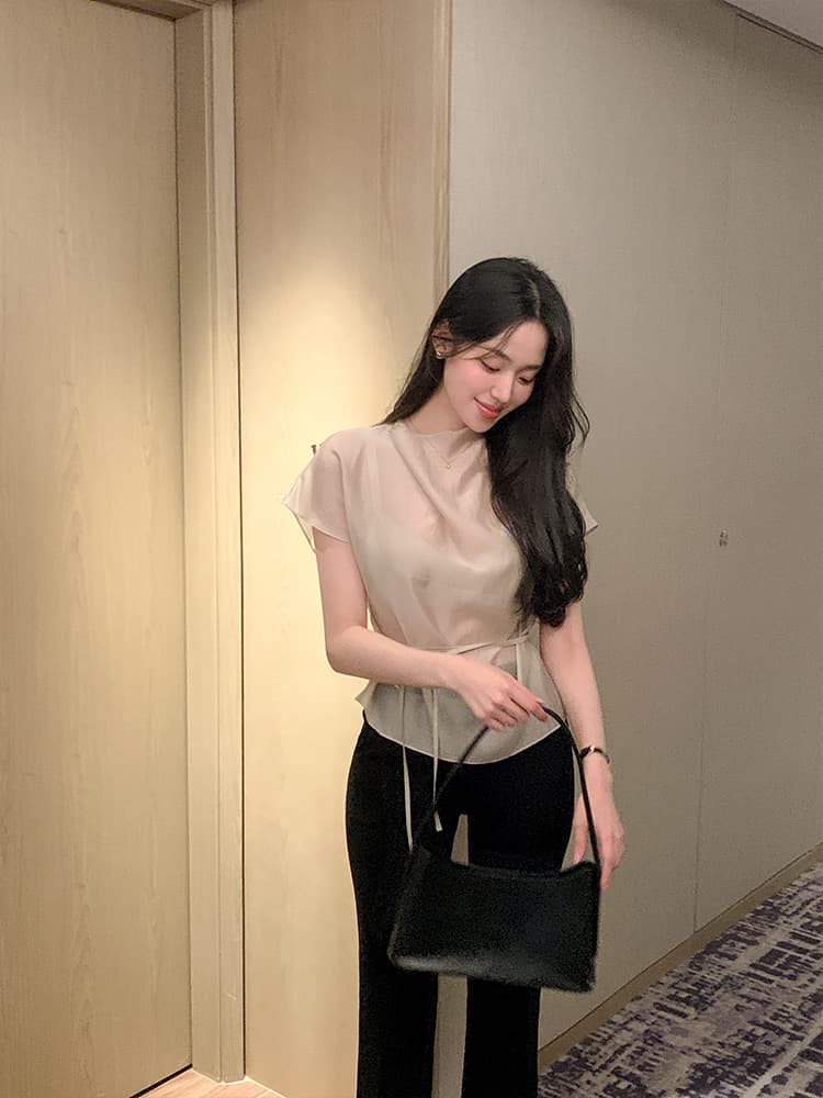한 부서 품격 마이크로 ~을 통해 허리 레이스업 반팔 셔츠 이미지 3
