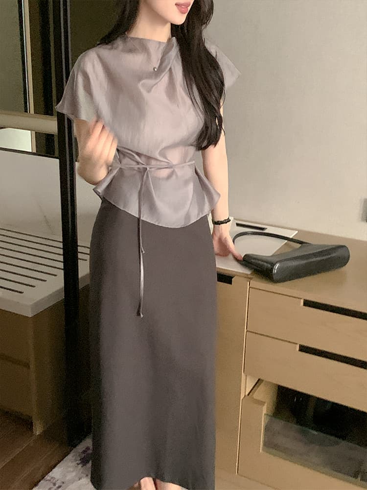 한 부서 품격 마이크로 ~을 통해 허리 레이스업 반팔 셔츠 이미지 4