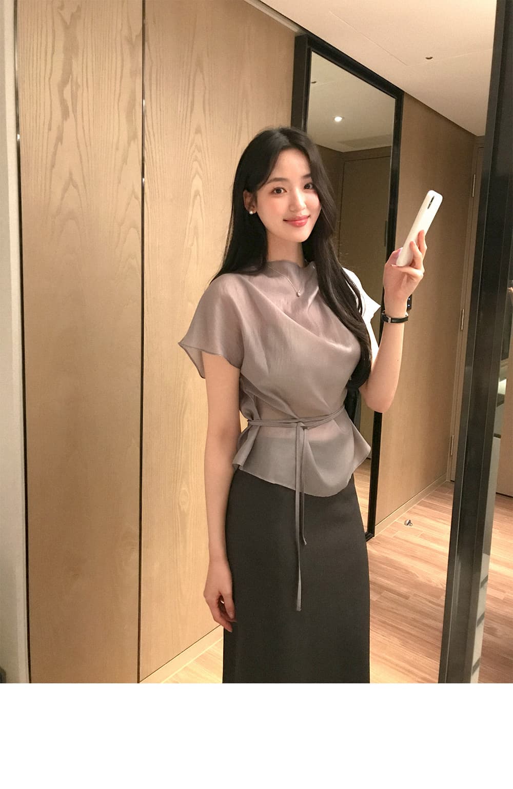 한 부서 품격 마이크로 ~을 통해 허리 레이스업 반팔 셔츠 상세 이미지 1