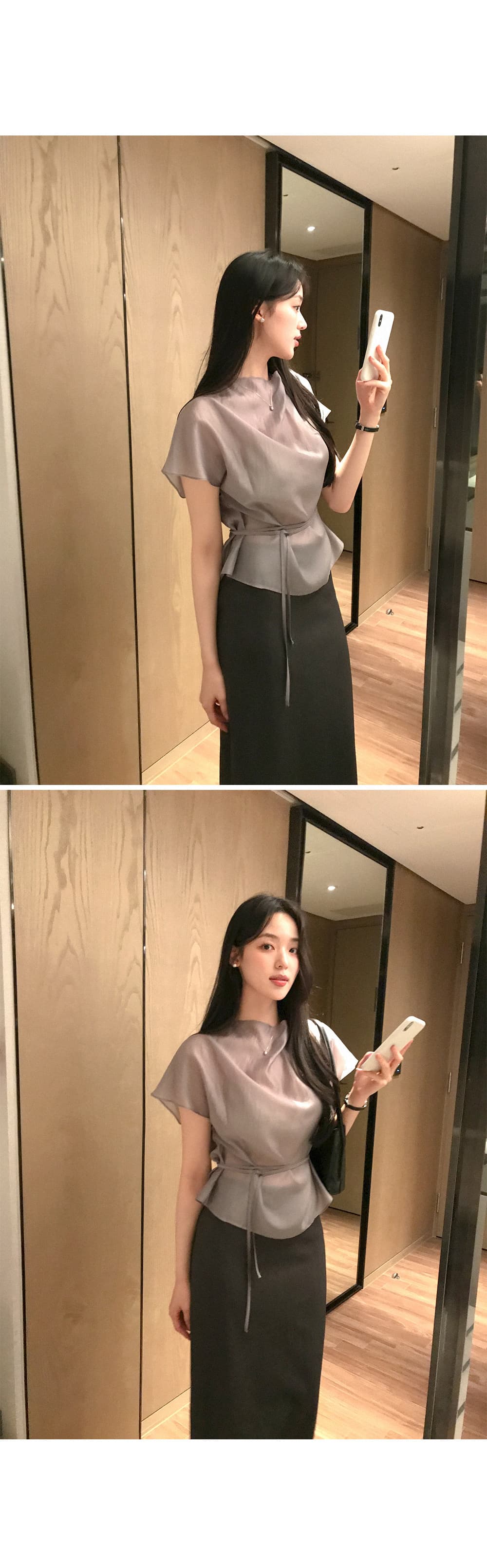 한 부서 품격 마이크로 ~을 통해 허리 레이스업 반팔 셔츠 상세 이미지 2
